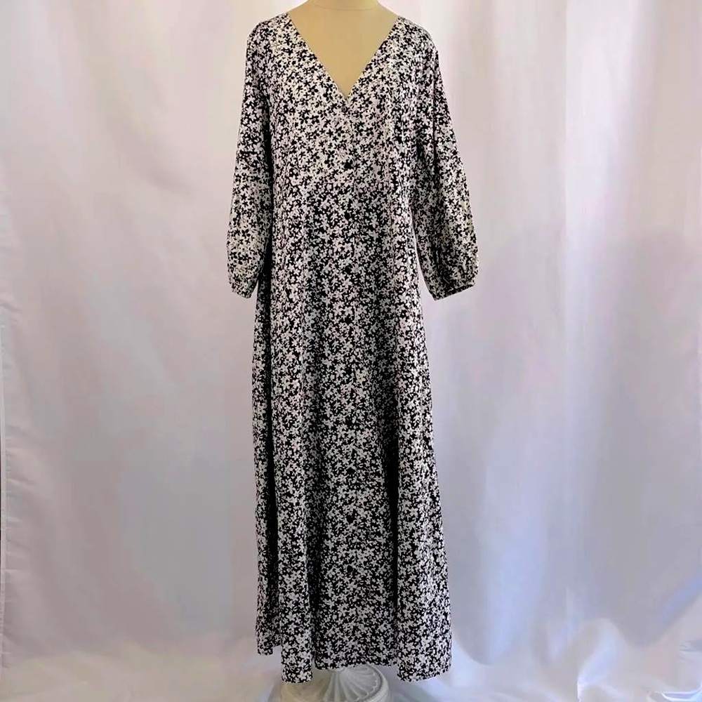 The Nines by Hatch Floral Print 3/4 Sleeve Button-Front Maternity Dress Black L